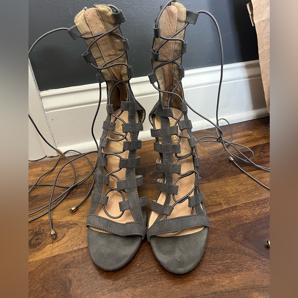 Grey strappy heels